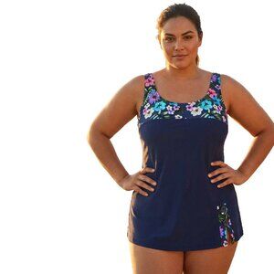 Blair Swimsuit Sz 18 Navy Blue Floral Tank Asymmetric Skirtini One Peice Bra Cup